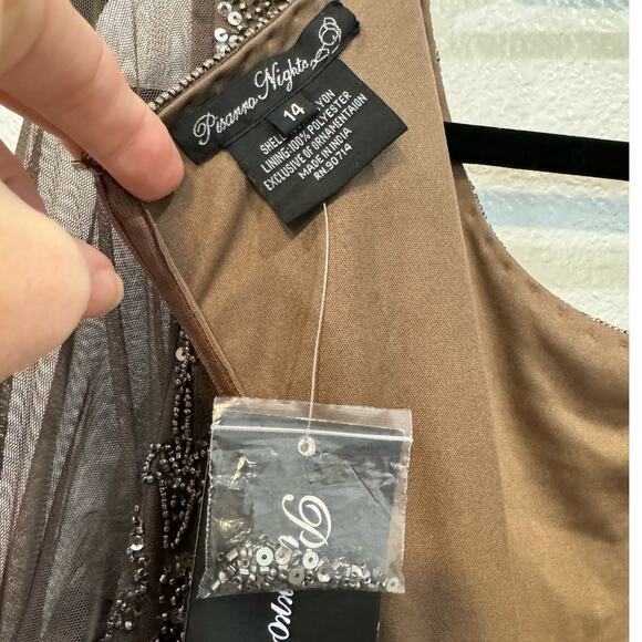 NWT PISARRO NIGHTS $268 Mocha Sequin Illusion Mesh 3/4 Sleeve Gown Size 14 - Picture 7 of 11